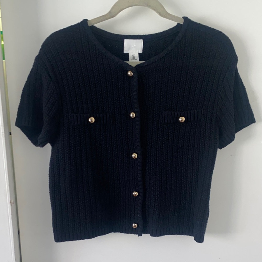 Black Short Sleeve Cardigan with Gold Buttons